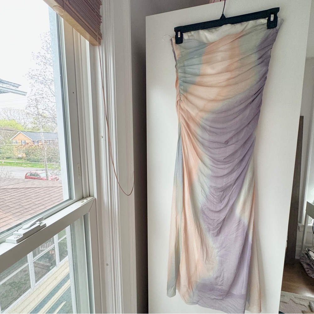 NEW | ZARA STRAPLESS MESH CORSET RUCHED MARBLED TIE DYE PASTEL BOHO MIDI DRESS - Picture 6 of 10
